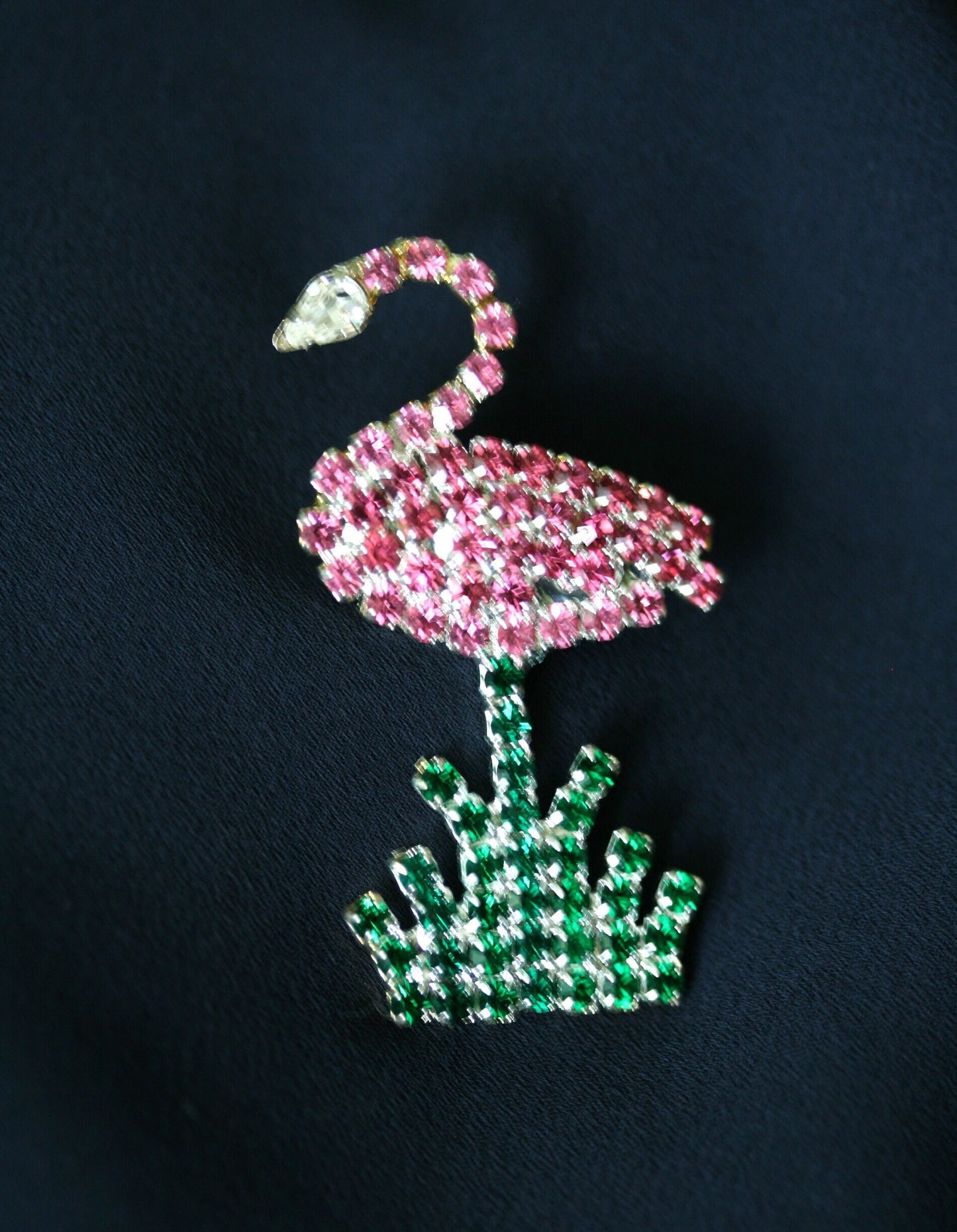 Vintage Rhinestone Flamingos Topical Pink Green Brooch Pin, Flamingo Earrings, Pink Flamingo Brooch