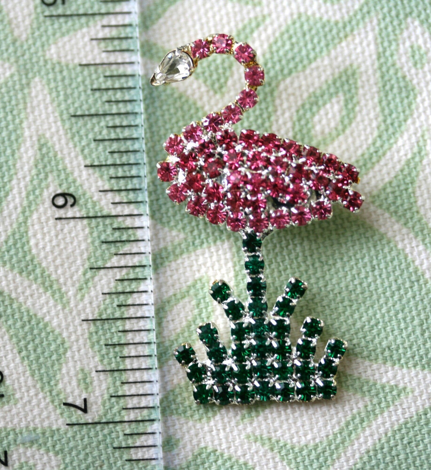 Vintage Rhinestone Flamingos Topical Pink Green Brooch Pin, Flamingo Earrings, Pink Flamingo Brooch