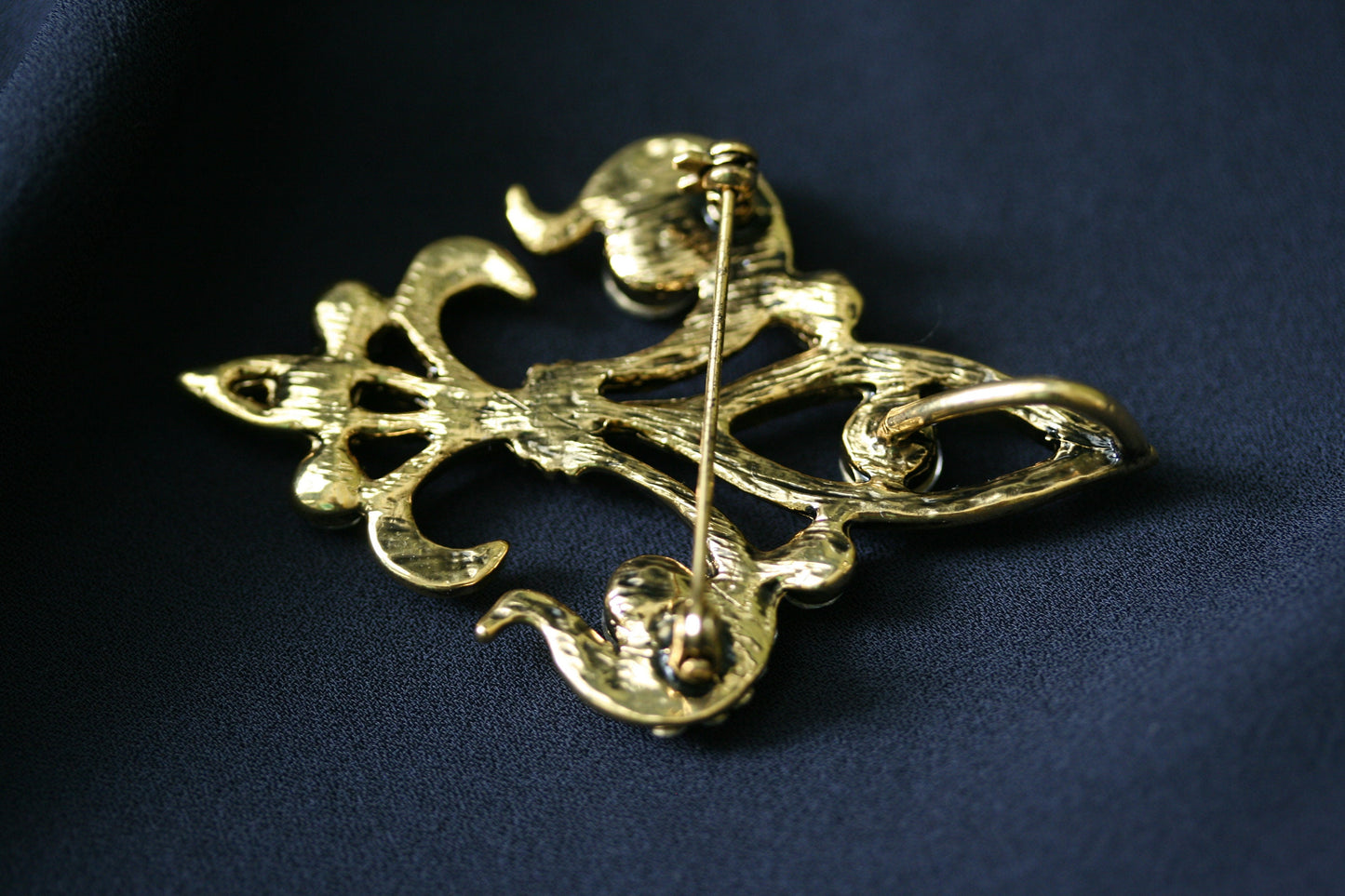 Rhinestone Antique Silver, Gold Tone Fleur de Lis Mardi Gras Pin and Pendant with Crystals