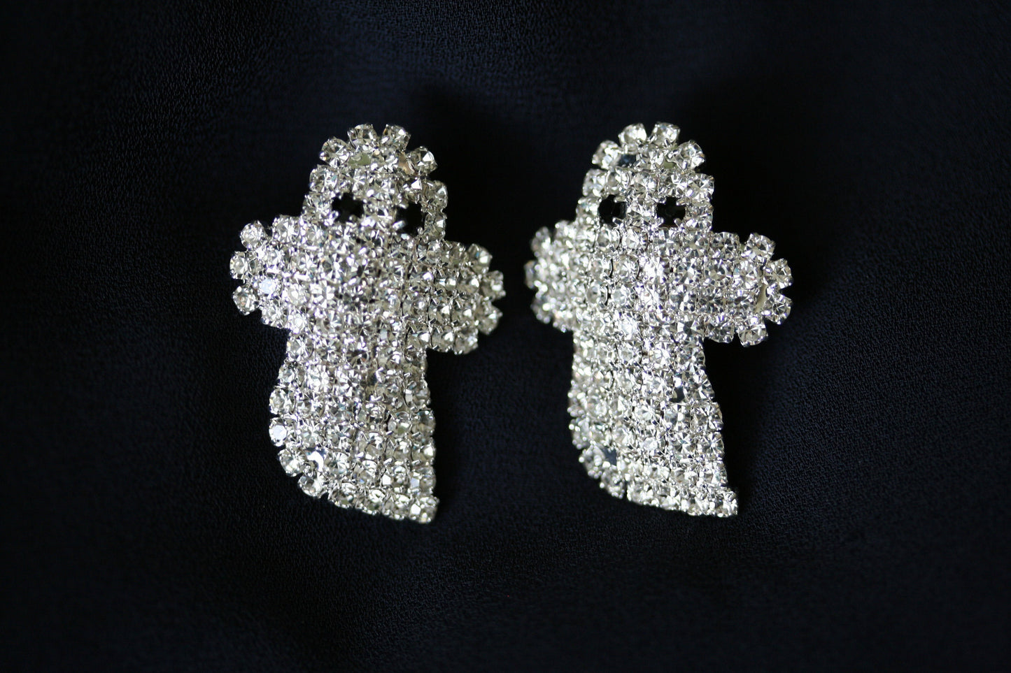 Adorable Rhinestone Baby Ghost Halloween Pin Brooch, Silver Planted Ghost Earrings, Halloween Costume Ghost Jewelry Set