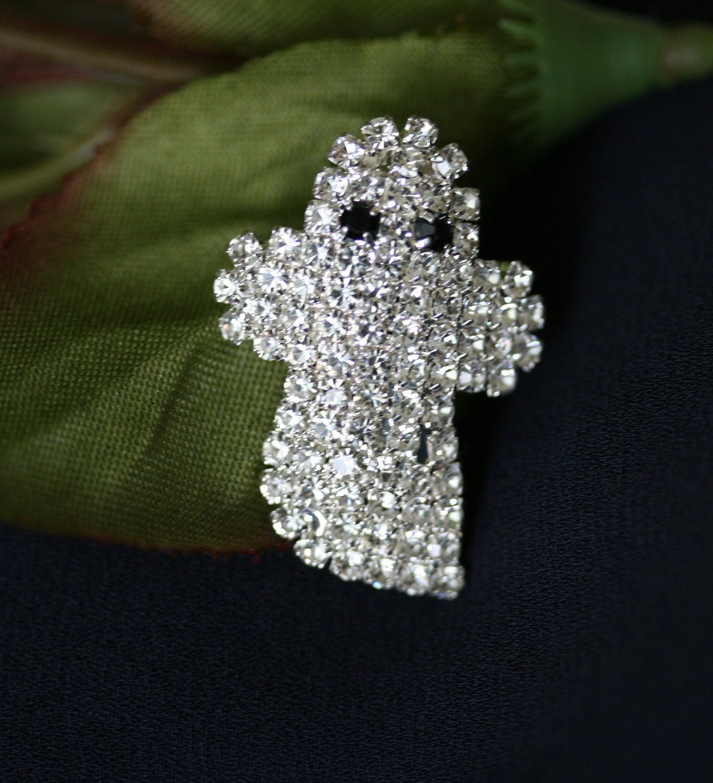 Adorable Rhinestone Baby Ghost Halloween Pin Brooch, Silver Planted Ghost Earrings, Halloween Costume Ghost Jewelry Set