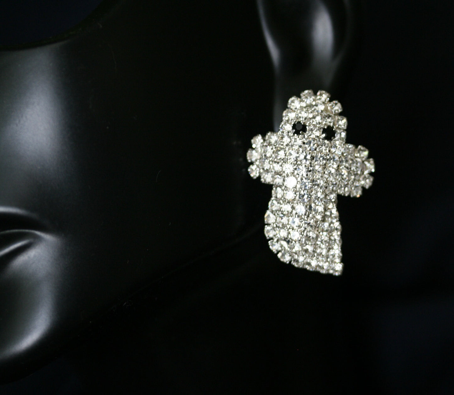Adorable Rhinestone Baby Ghost Halloween Pin Brooch, Silver Planted Ghost Earrings, Halloween Costume Ghost Jewelry Set