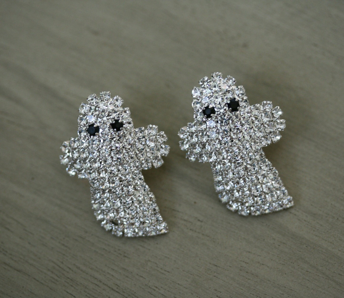 Adorable Rhinestone Baby Ghost Halloween Pin Brooch, Silver Planted Ghost Earrings, Halloween Costume Ghost Jewelry Set