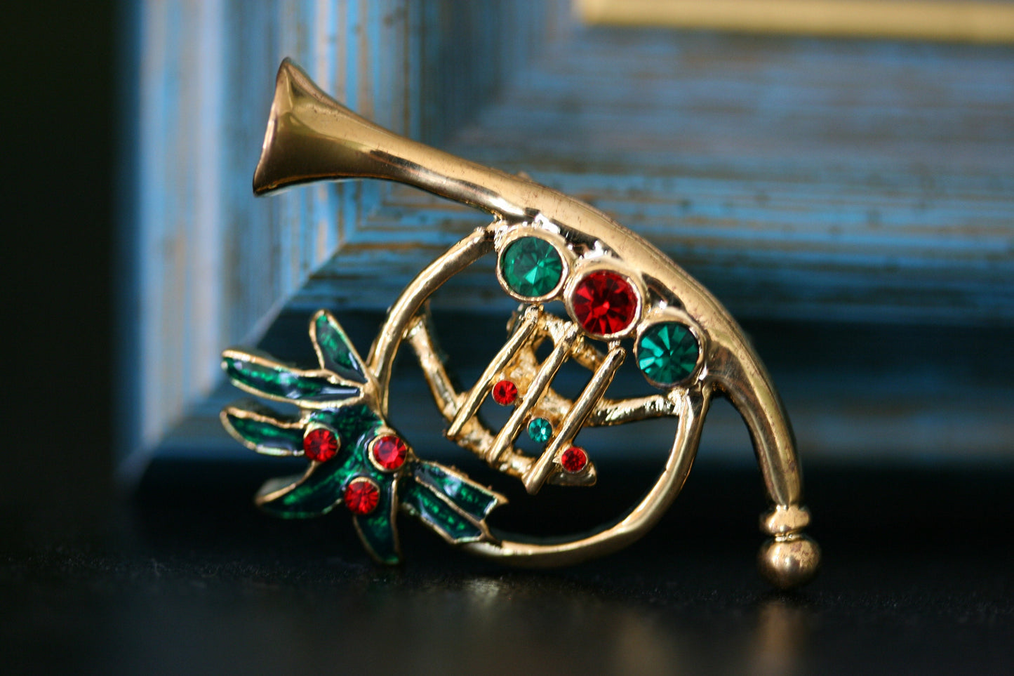 Christmas Holiday - French Horn - Gold Tone / Rhinestone Brooches, Xmas French Horn Pin, Holiday Gift
