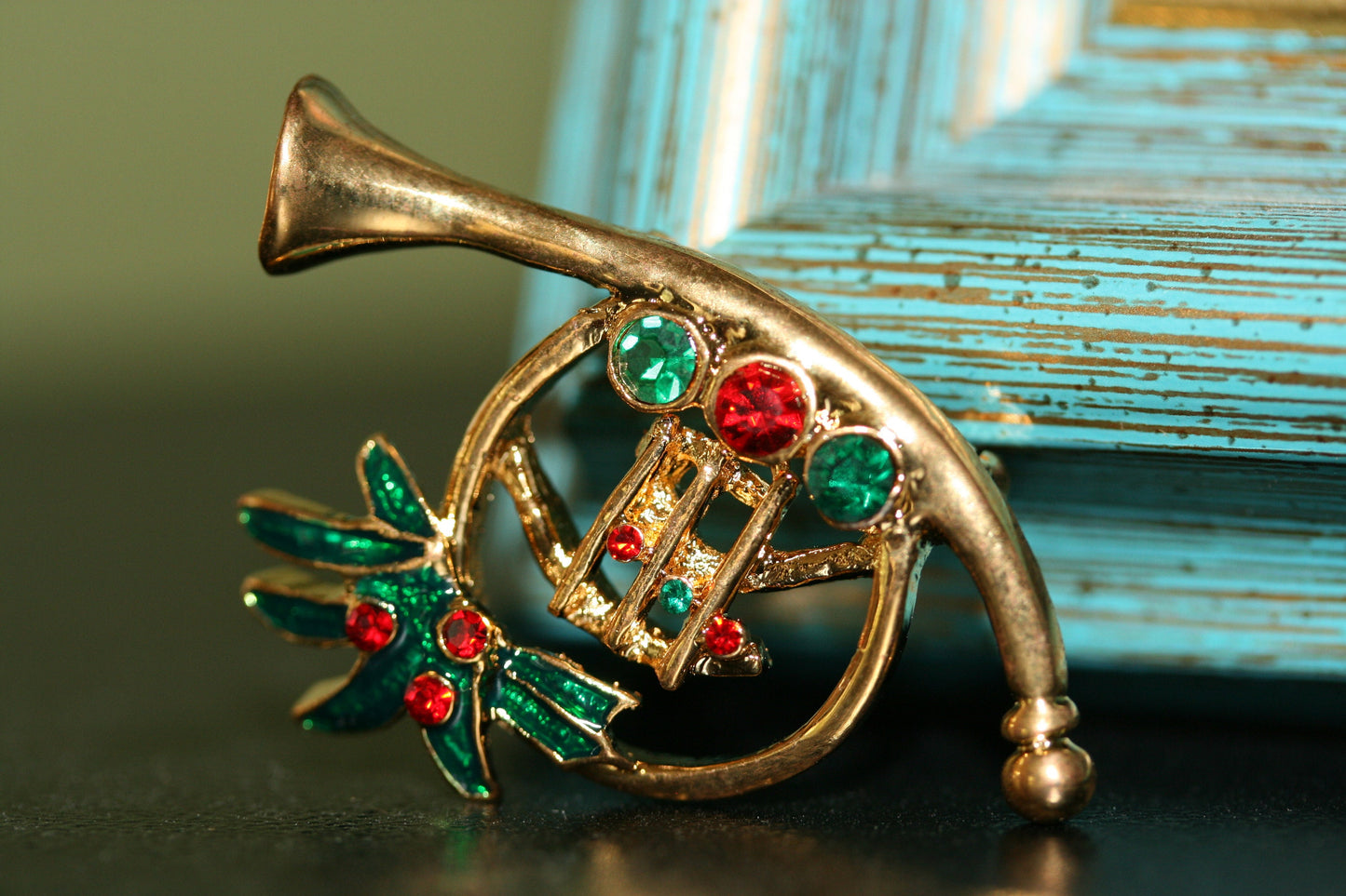 Christmas Holiday - French Horn - Gold Tone / Rhinestone Brooches, Xmas French Horn Pin, Holiday Gift