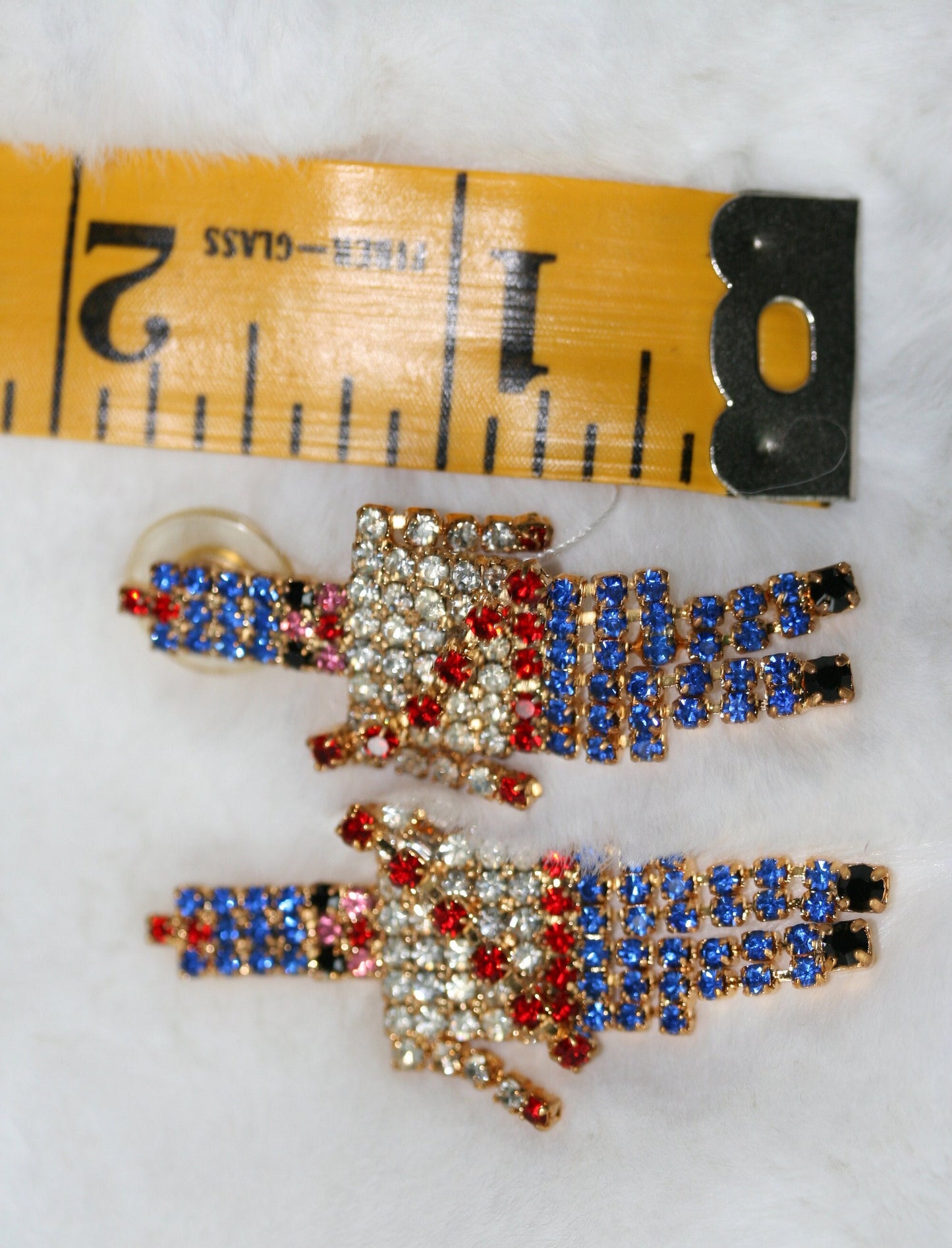 Vintage Red White Blue Christmas 3.5" Toy Soldier Dangle Rhinestone Pin Brooch, Toy Soldier Post Earrings