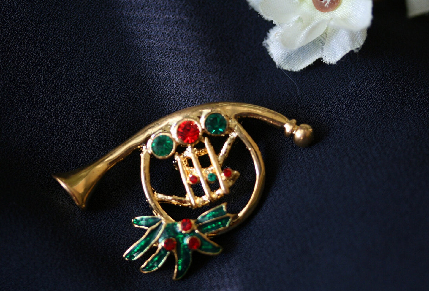 Christmas Holiday - French Horn - Gold Tone / Rhinestone Brooches, Xmas French Horn Pin, Holiday Gift