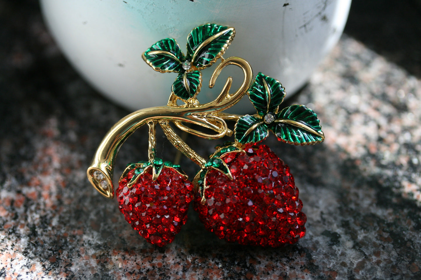 Enamel & Crystal Strawberry Brooch Pin and Pendant, Fruit Ruby Red Crystal Strawberry Brooch