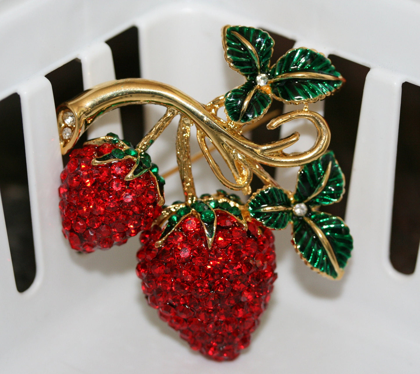 Enamel & Crystal Strawberry Brooch Pin and Pendant, Fruit Ruby Red Crystal Strawberry Brooch
