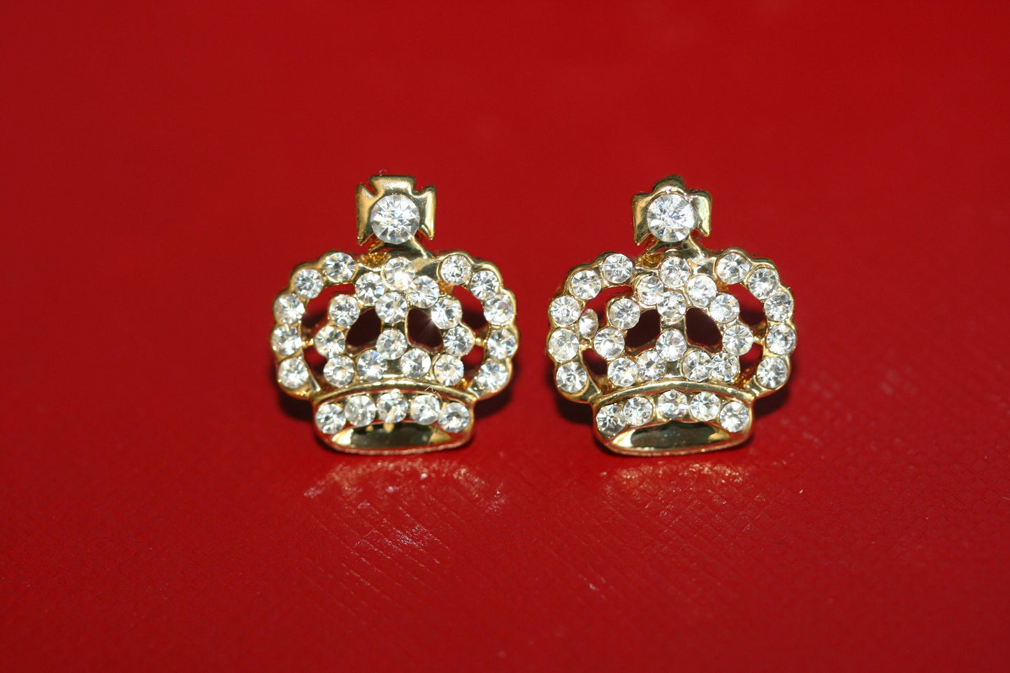 Gold Embellished Crown Stud Earrings, Rhinestone Crown Earrings