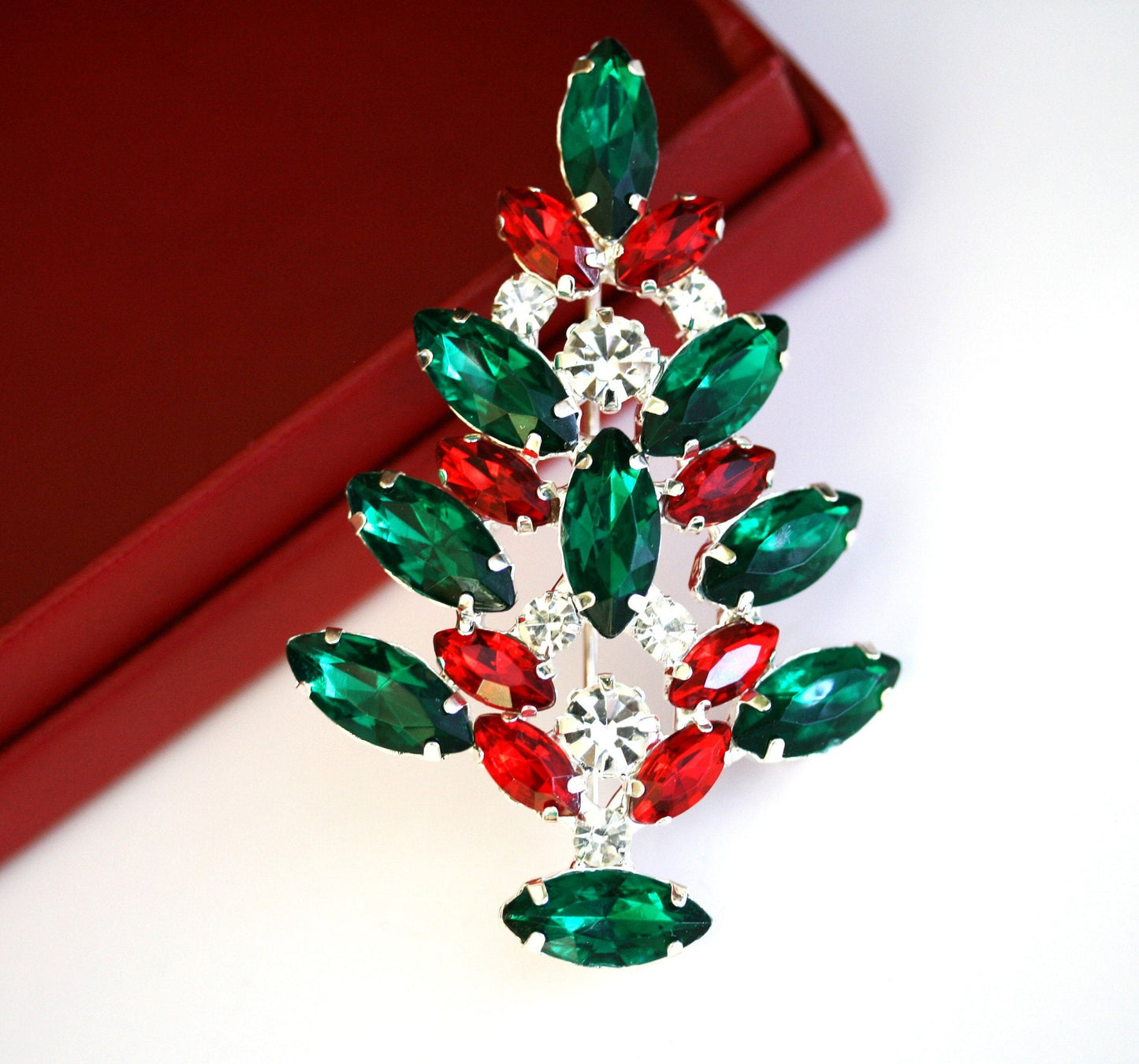Christmas Tree Brooch Pin, Rhinestone Xmas Tree Pin, Christmas Tree Holiday Jewelry