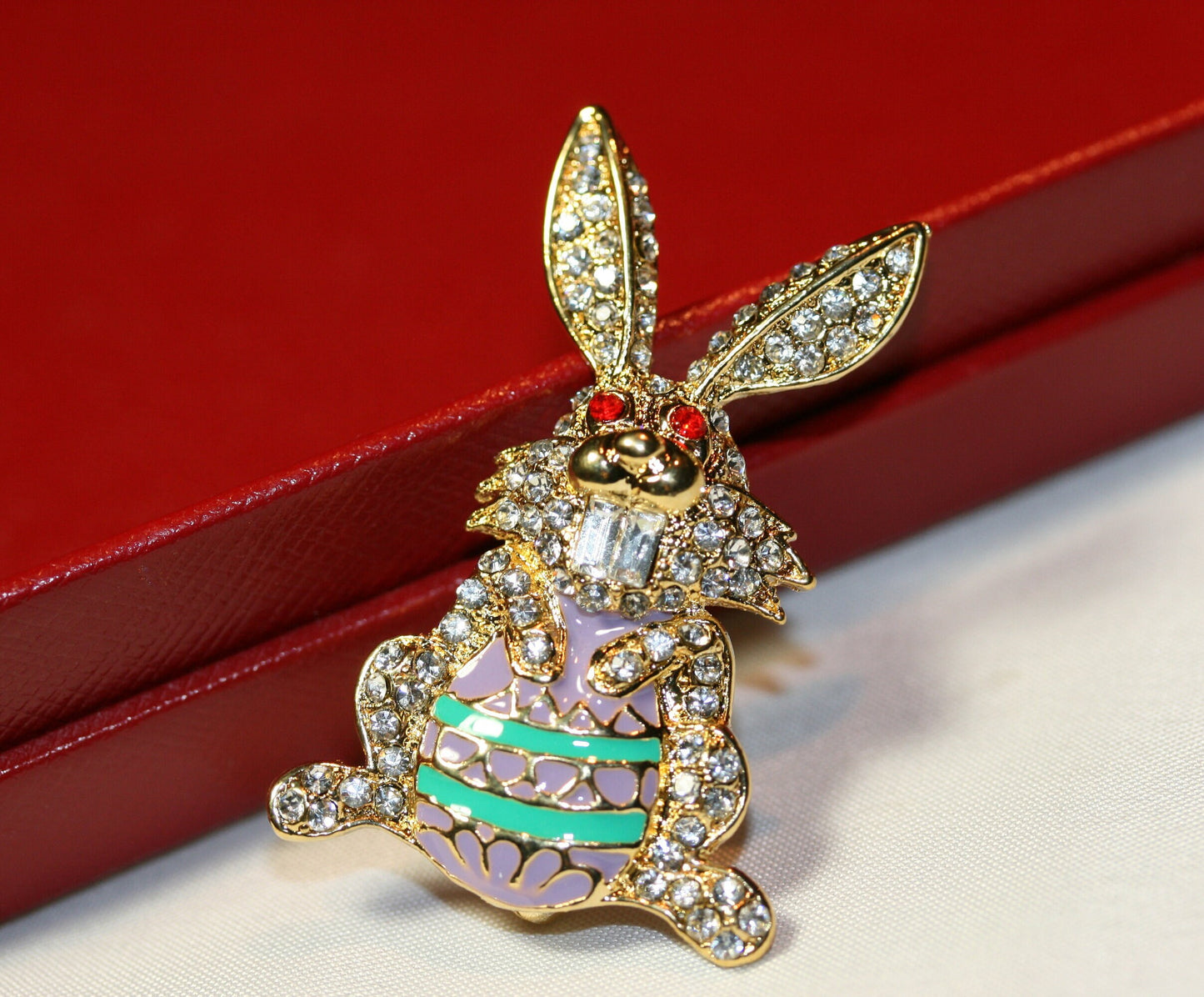 Golden Easter Bunny Crystal Brooch Pin Easter Bunny holds Easter Egg Brooch Rhinestone Bunny Pin