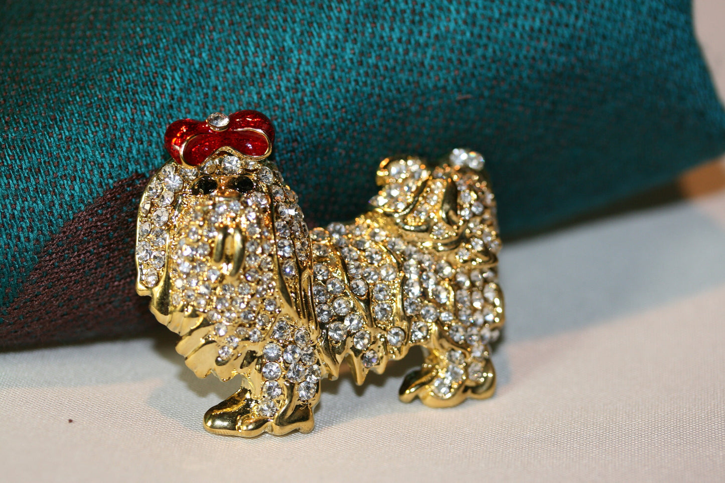 Yorkie Dog PIN BROOCH Enamel Red Bow White Crystals Rhinestones Yorkshire Terrier Dog Pin