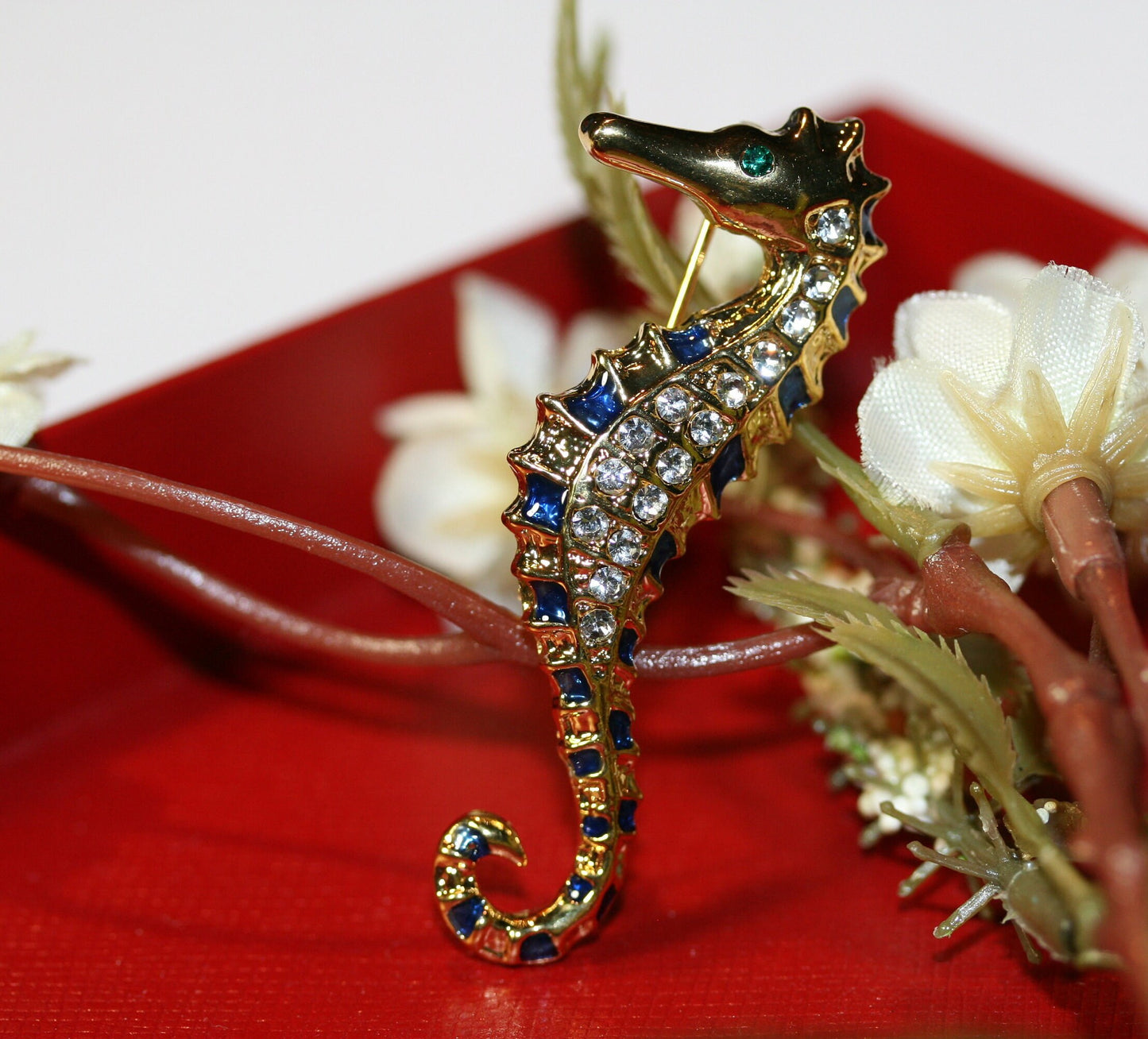 Gold Tone Seahorse Pin Brooch Blue, Green Enamel Seahorse Brooch, Seahorse Stud Earrings