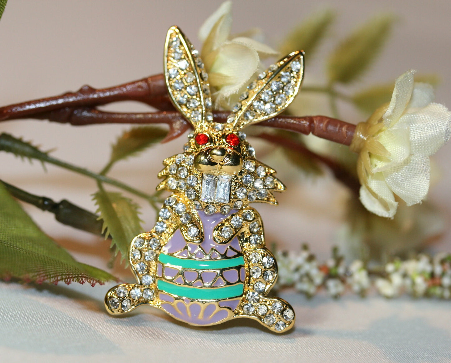 Golden Easter Bunny Crystal Brooch Pin Easter Bunny holds Easter Egg Brooch Rhinestone Bunny Pin