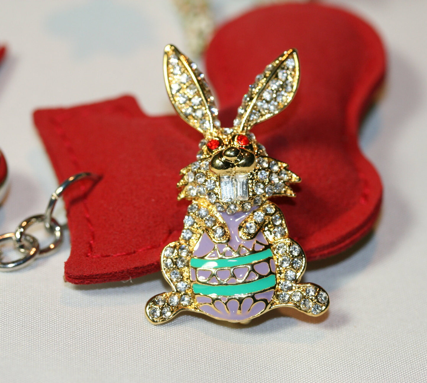 Golden Easter Bunny Crystal Brooch Pin Easter Bunny holds Easter Egg Brooch Rhinestone Bunny Pin