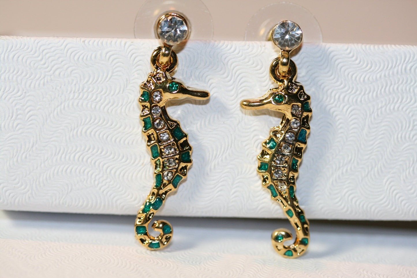 Gold Tone Seahorse Pin Brooch Blue, Green Enamel Seahorse Brooch, Seahorse Stud Earrings
