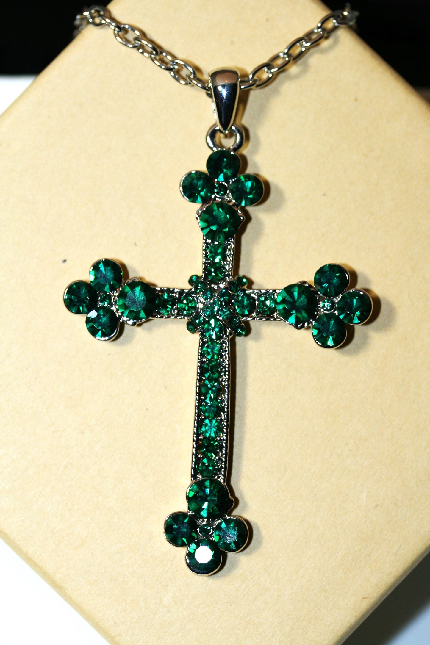 Emerald Cross Pendant Necklace In Silver Green Diamonds Zircon Filled Cross Necklace