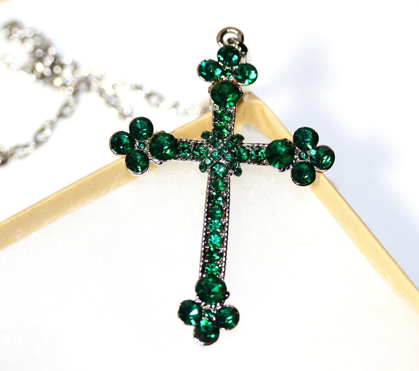 Emerald Cross Pendant Necklace In Silver Green Diamonds Zircon Filled Cross Necklace