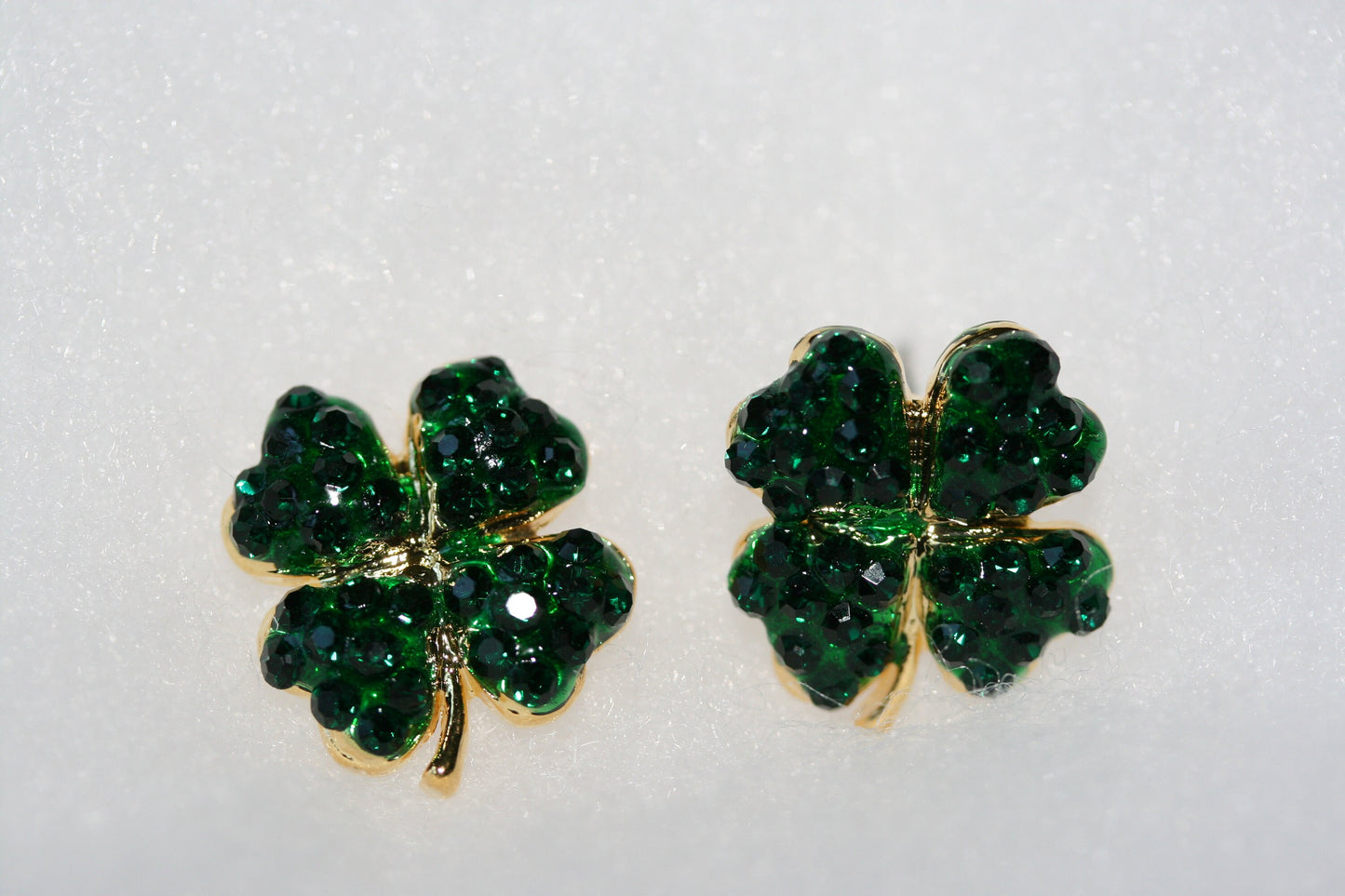 Rhinestone Green Shamrock Post Earrings , Emerald colored 4 Leaf Clover Earrings , Irish Jewelry, St Patrick's Earrings