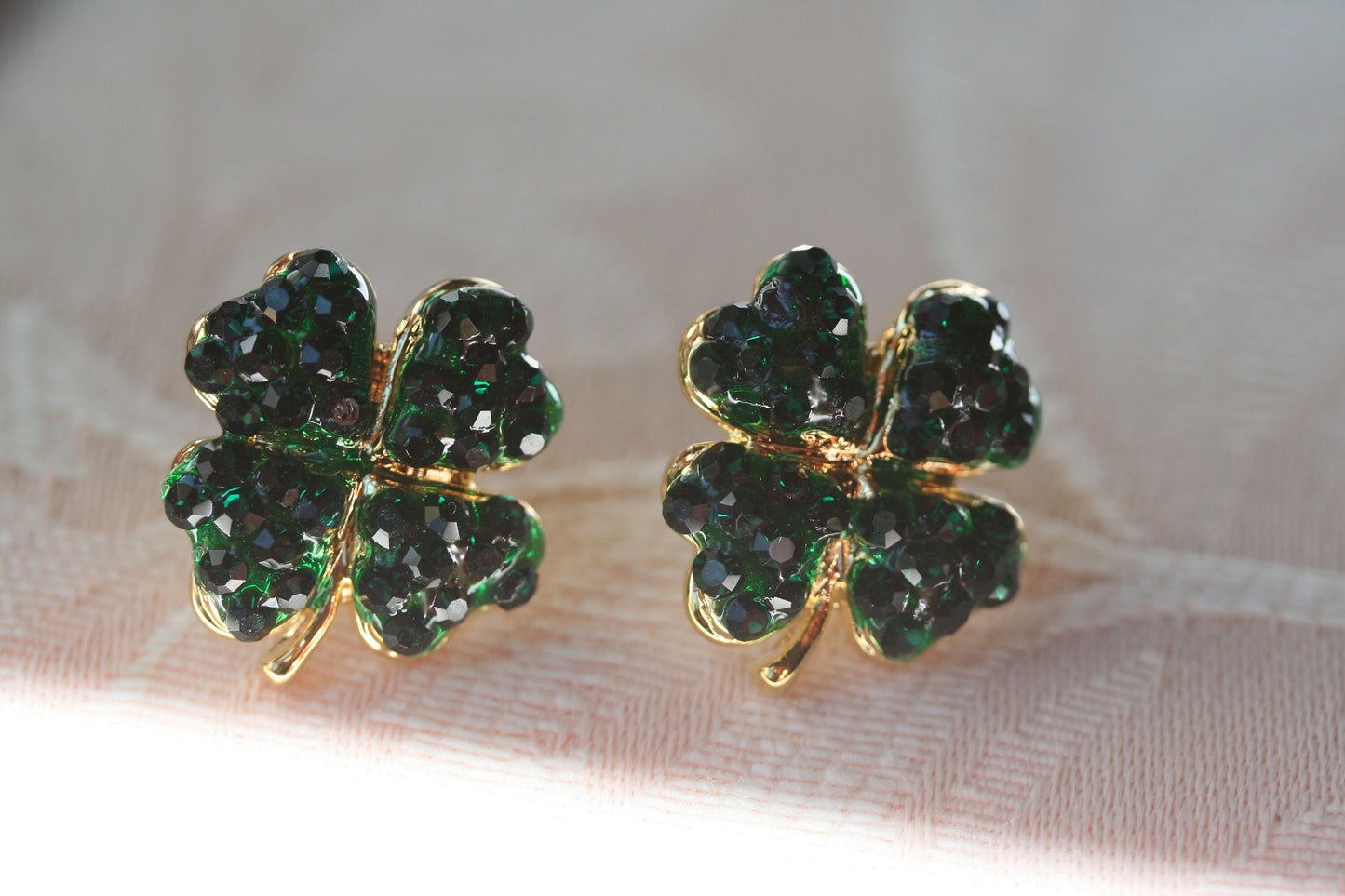 Rhinestone Green Shamrock Post Earrings , Emerald colored 4 Leaf Clover Earrings , Irish Jewelry, St Patrick's Earrings
