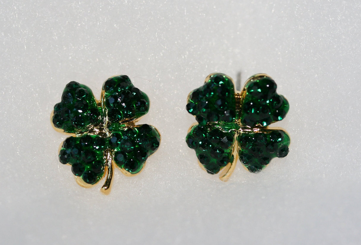 Rhinestone Green Shamrock Post Earrings , Emerald colored 4 Leaf Clover Earrings , Irish Jewelry, St Patrick's Earrings