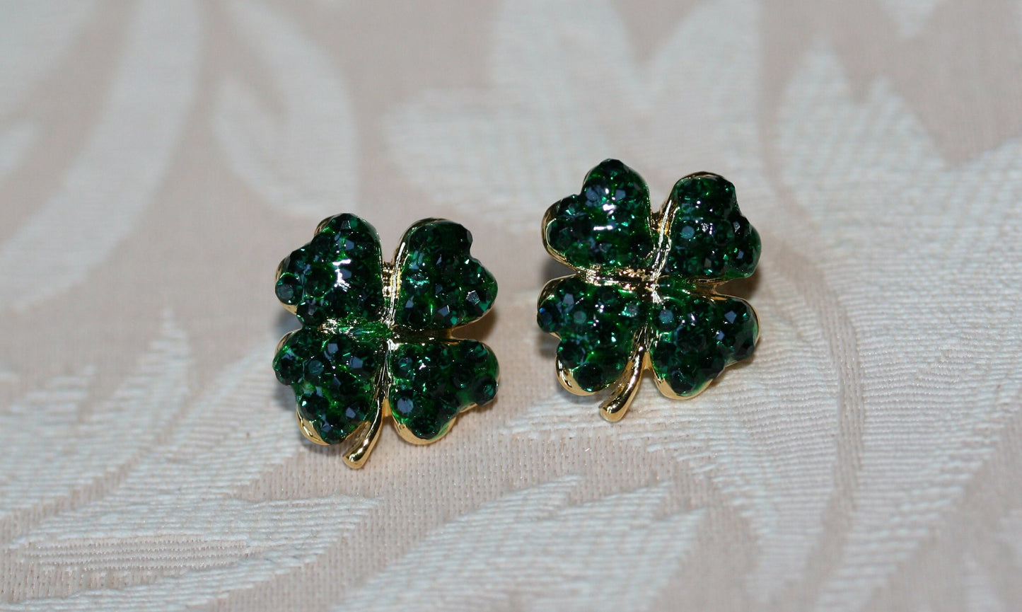 Rhinestone Green Shamrock Post Earrings , Emerald colored 4 Leaf Clover Earrings , Irish Jewelry, St Patrick's Earrings