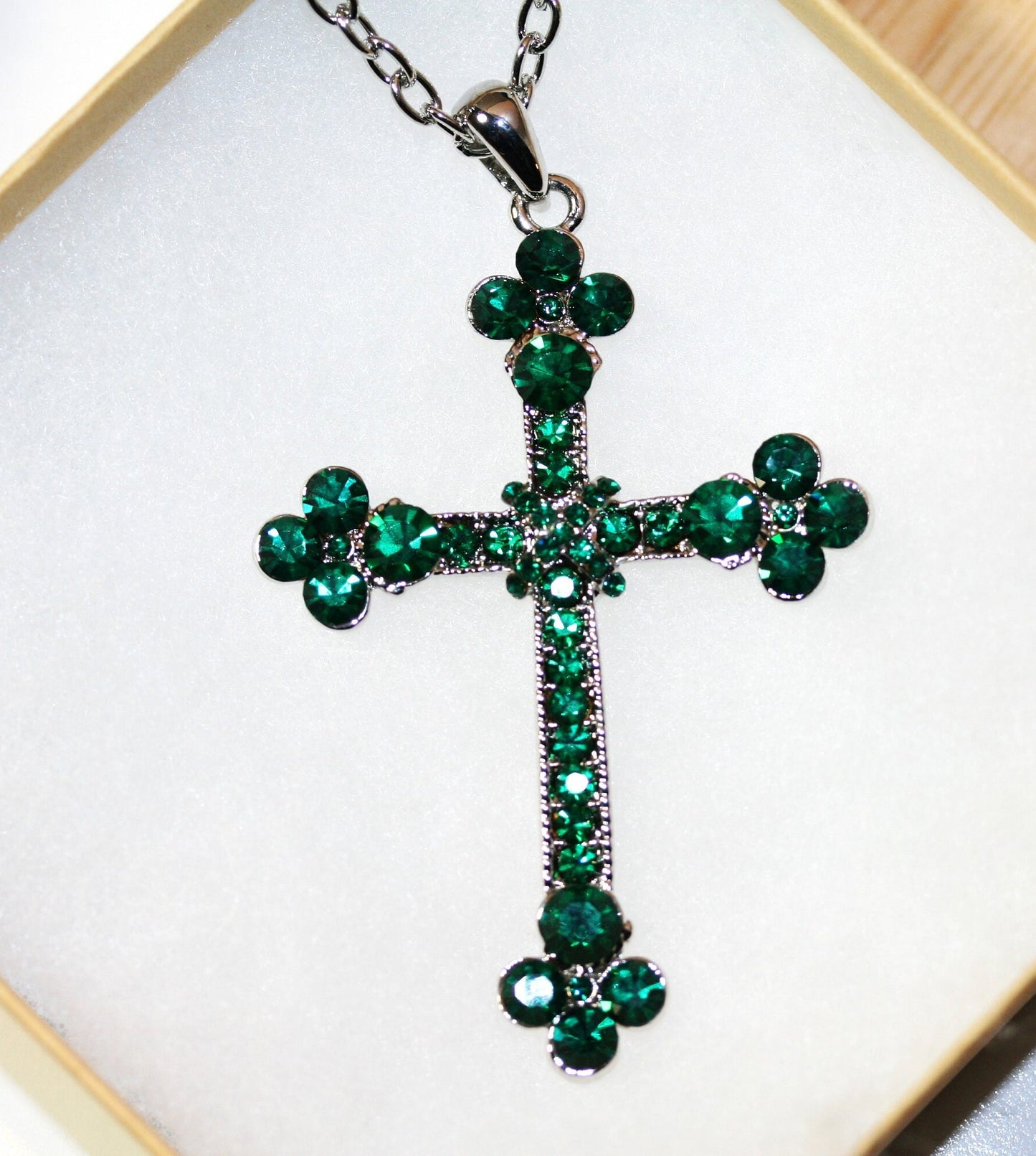 Emerald Cross Pendant Necklace In Silver Green Diamonds Zircon Filled Cross Necklace