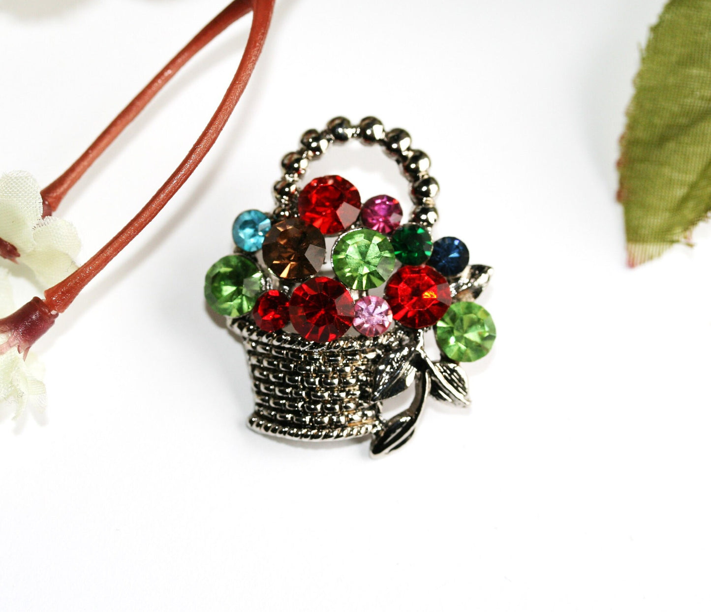 Colorful Crystal Rhinestone Gem Easter Fruit Flower Goodies Basket Pin Brooch Easter Basket Brooch