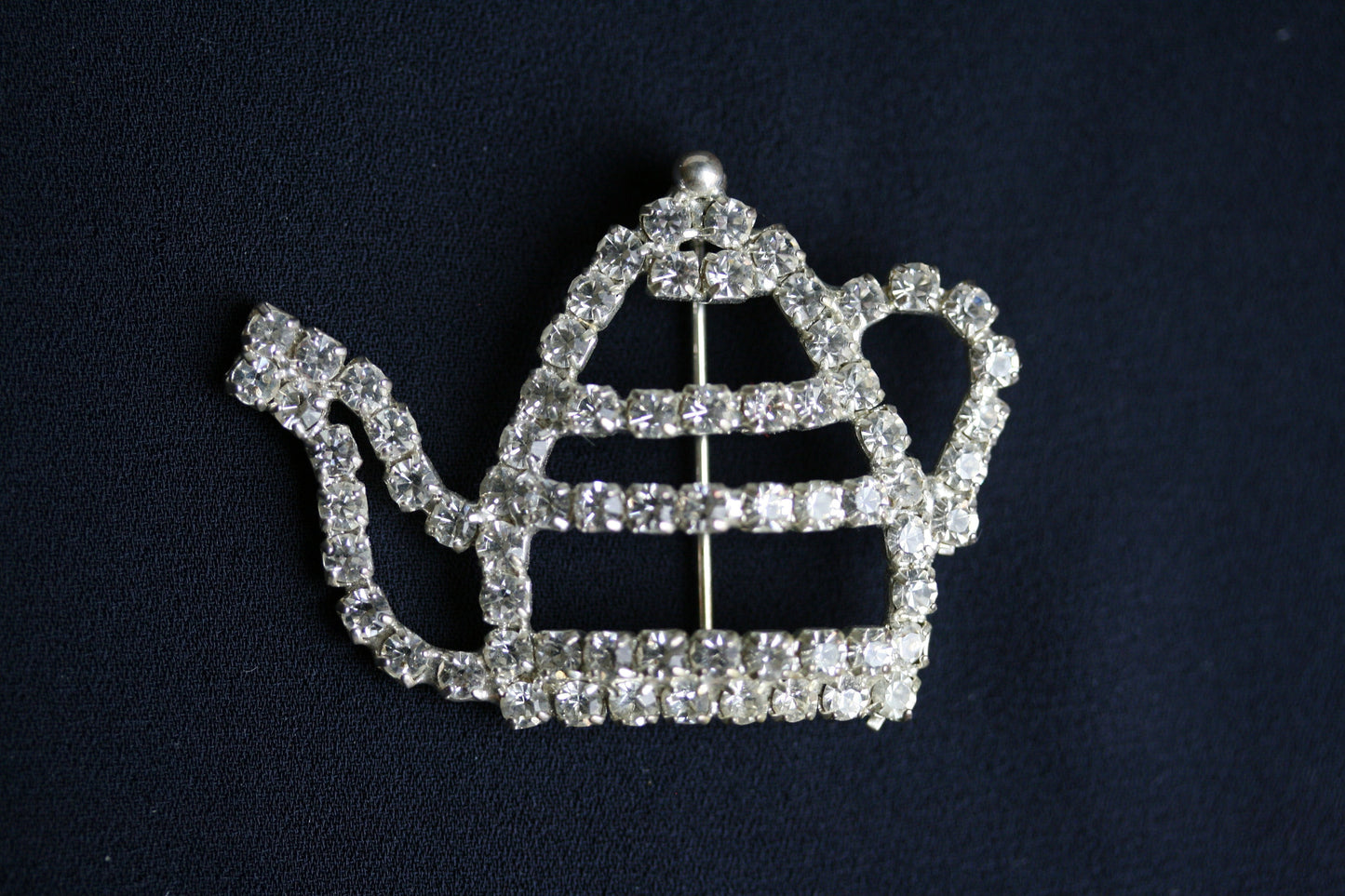 Crystal Outline Teapot Brooch Silver Tone and Clear Teapot Lapel Pin Whimsical Tea Party Bling
