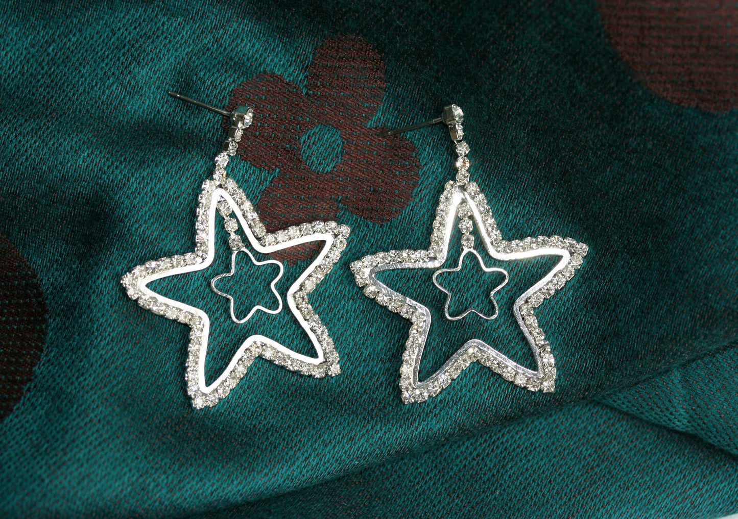 Crystal Rhinestone Star Earrings Open Center Dangle Silver Star Earrings