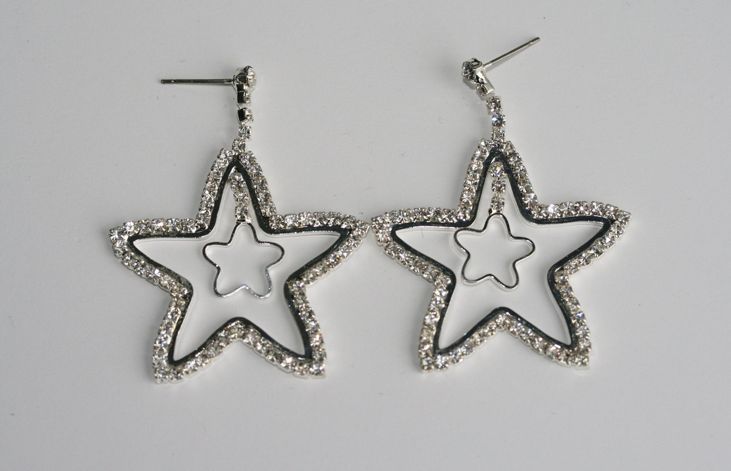 Crystal Rhinestone Star Earrings Open Center Dangle Silver Star Earrings