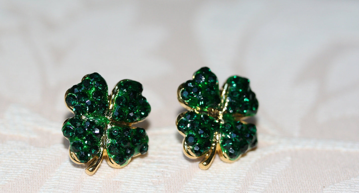 Rhinestone Green Shamrock Post Earrings , Emerald colored 4 Leaf Clover Earrings , Irish Jewelry, St Patrick's Earrings