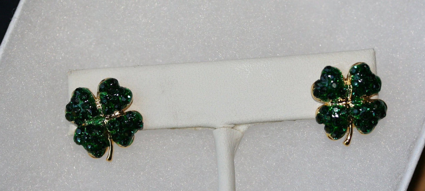 Rhinestone Green Shamrock Post Earrings , Emerald colored 4 Leaf Clover Earrings , Irish Jewelry, St Patrick's Earrings