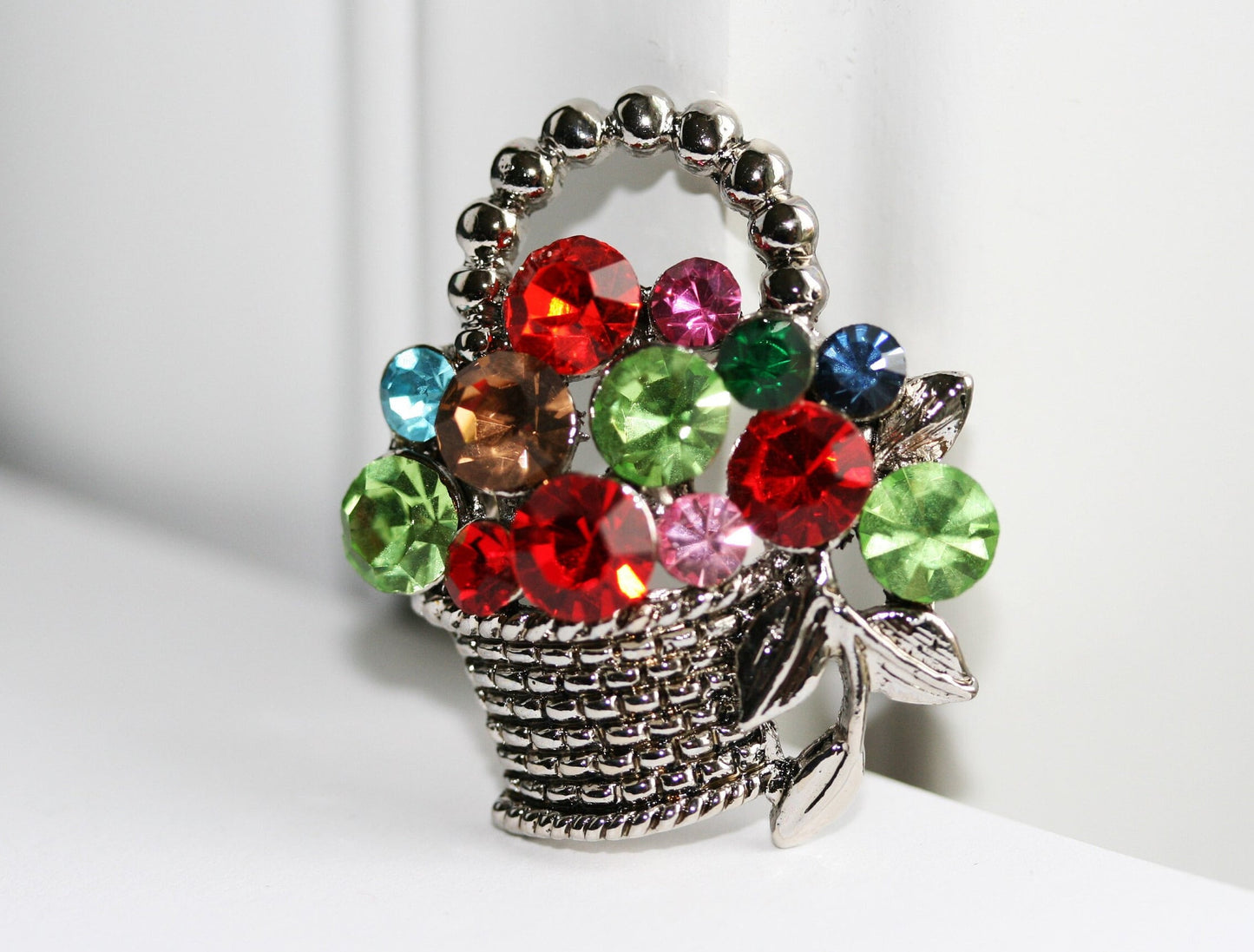 Colorful Crystal Rhinestone Gem Easter Fruit Flower Goodies Basket Pin Brooch Easter Basket Brooch