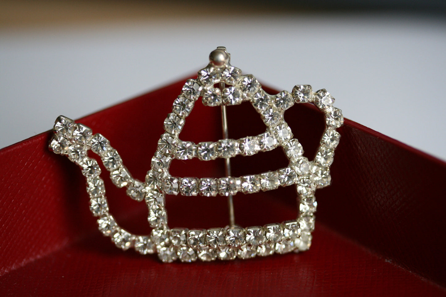 Crystal Outline Teapot Brooch Silver Tone and Clear Teapot Lapel Pin Whimsical Tea Party Bling