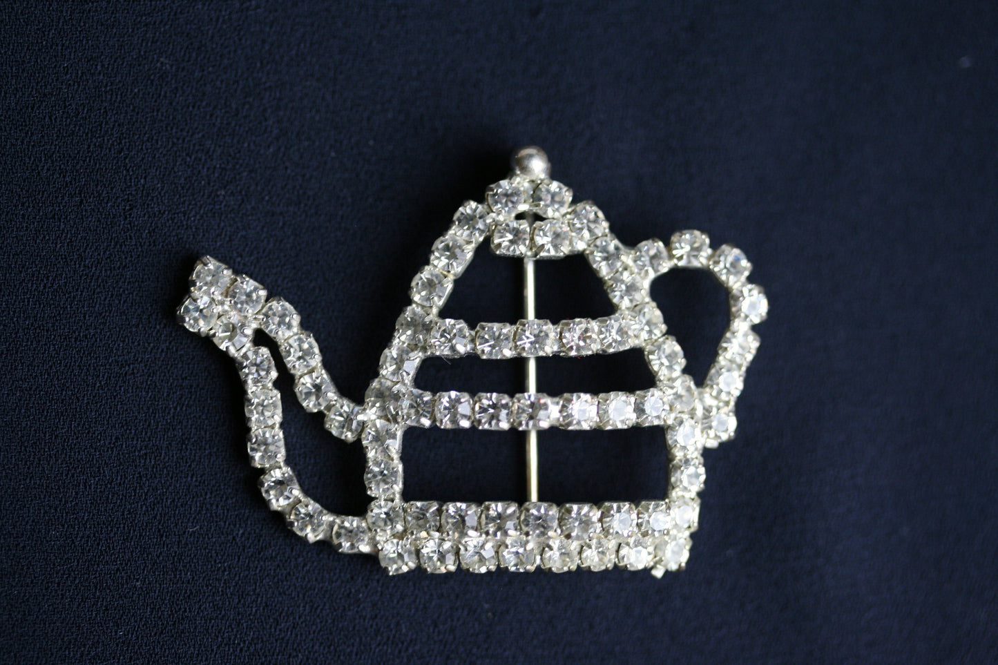 Crystal Outline Teapot Brooch Silver Tone and Clear Teapot Lapel Pin Whimsical Tea Party Bling