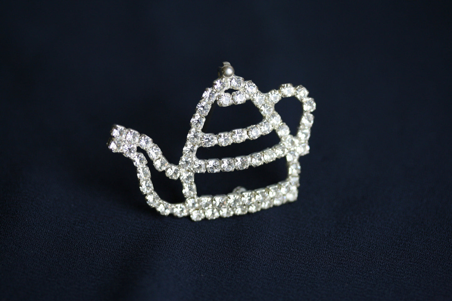 Crystal Outline Teapot Brooch Silver Tone and Clear Teapot Lapel Pin Whimsical Tea Party Bling
