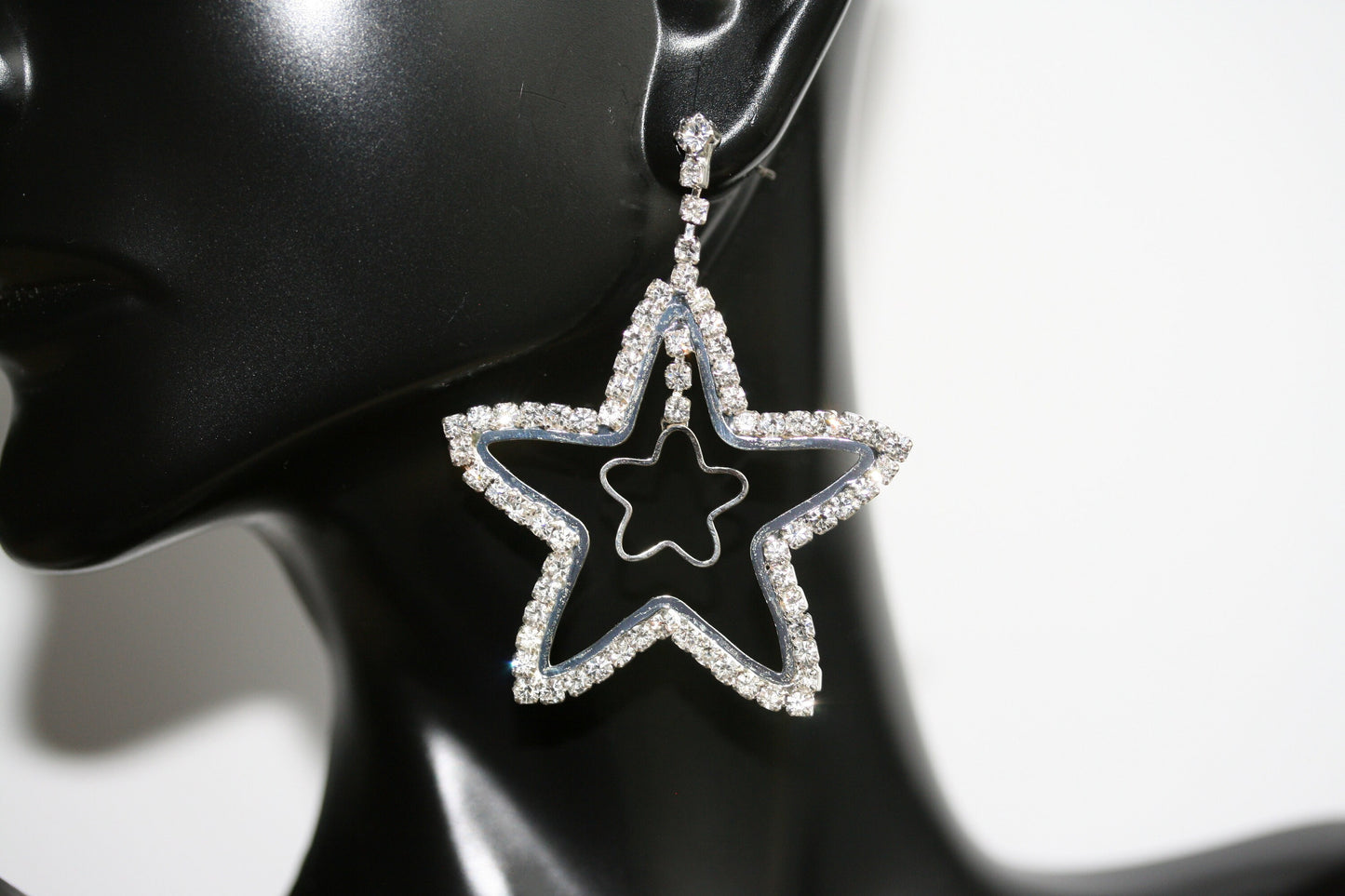 Crystal Rhinestone Star Earrings Open Center Dangle Silver Star Earrings