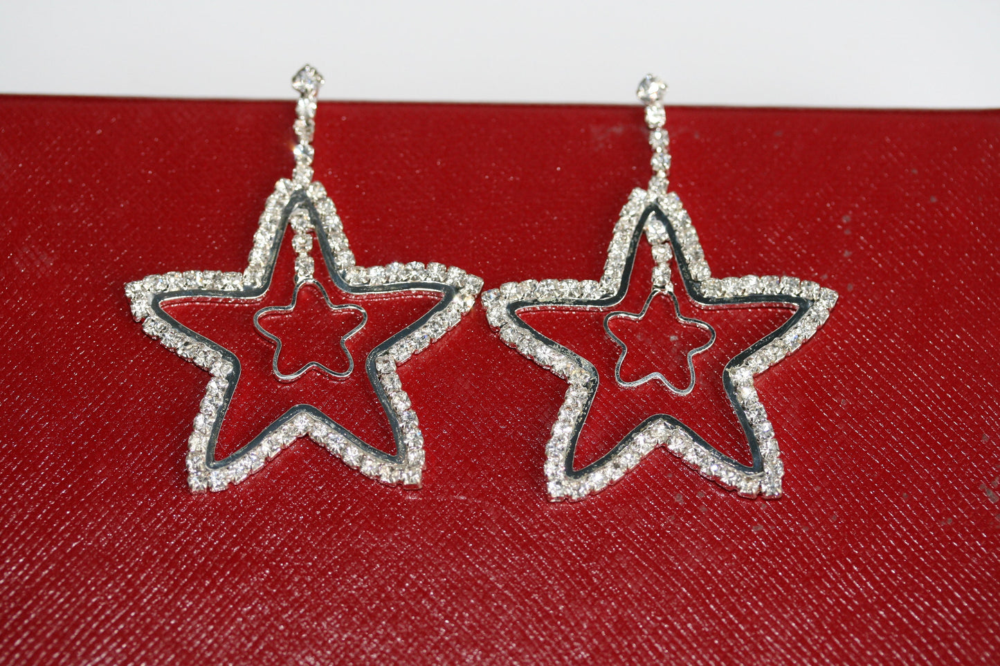 Crystal Rhinestone Star Earrings Open Center Dangle Silver Star Earrings