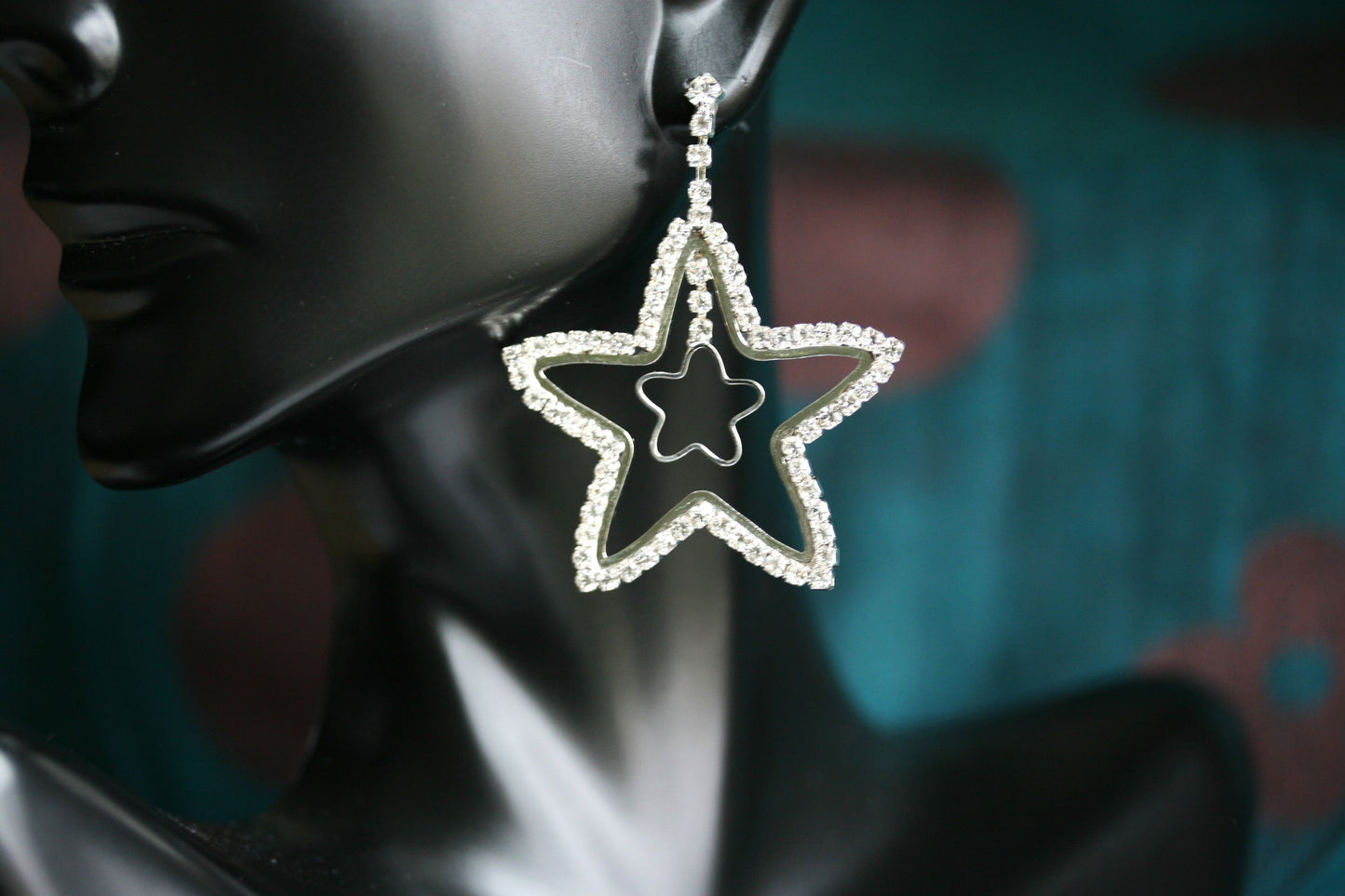Crystal Rhinestone Star Earrings Open Center Dangle Silver Star Earrings