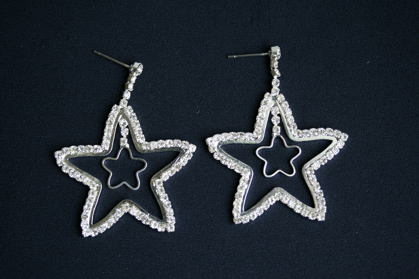 Crystal Rhinestone Star Earrings Open Center Dangle Silver Star Earrings