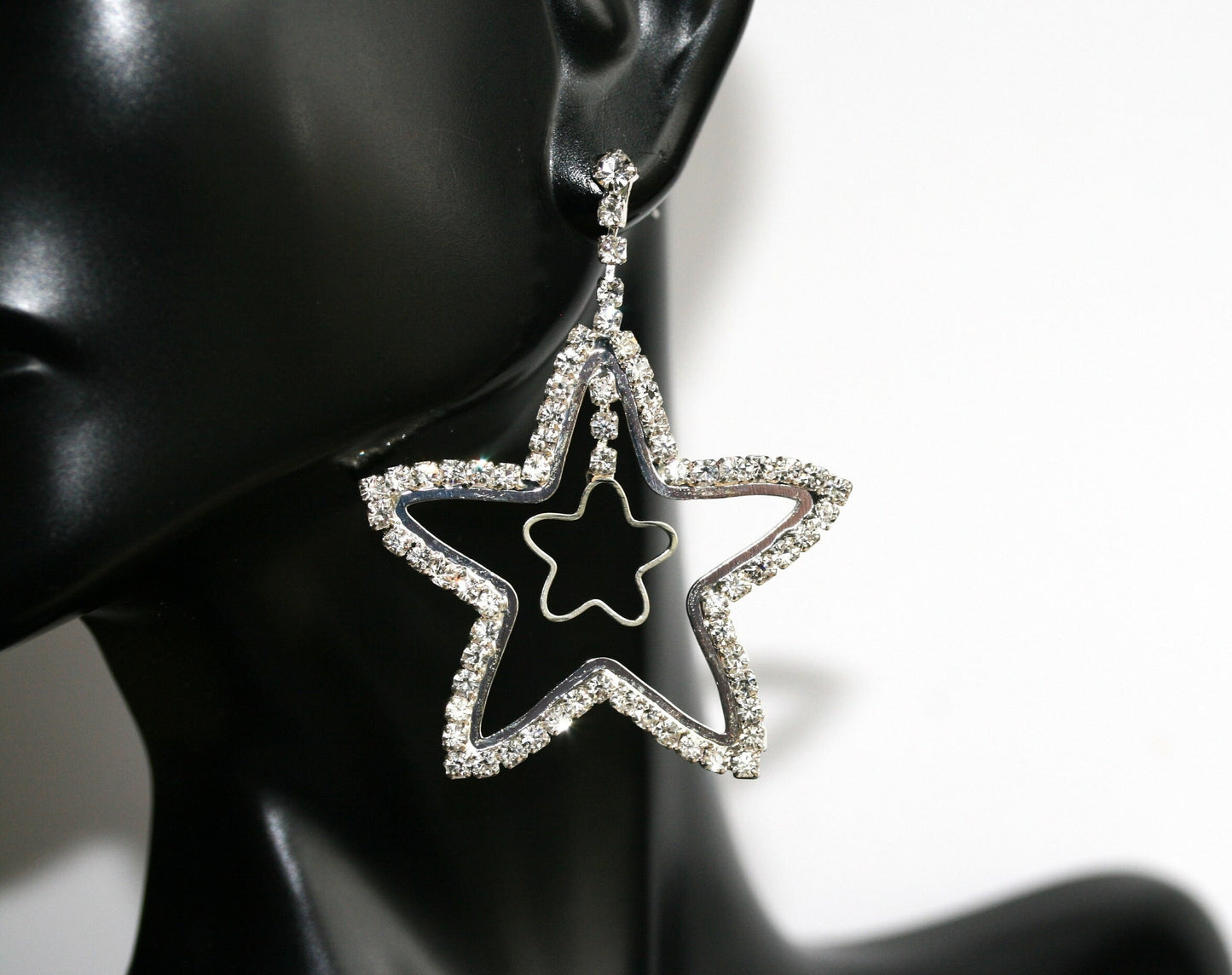 Crystal Rhinestone Star Earrings Open Center Dangle Silver Star Earrings