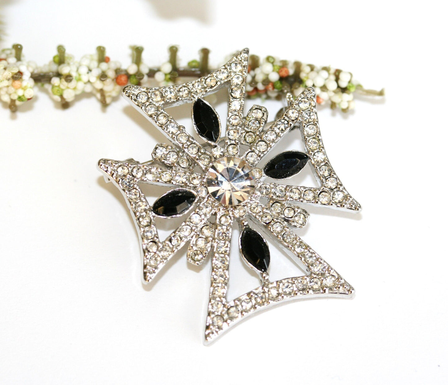 Vintage MALTESE CROSS Brooch Pin Silver plated With Black and Clear Crystal