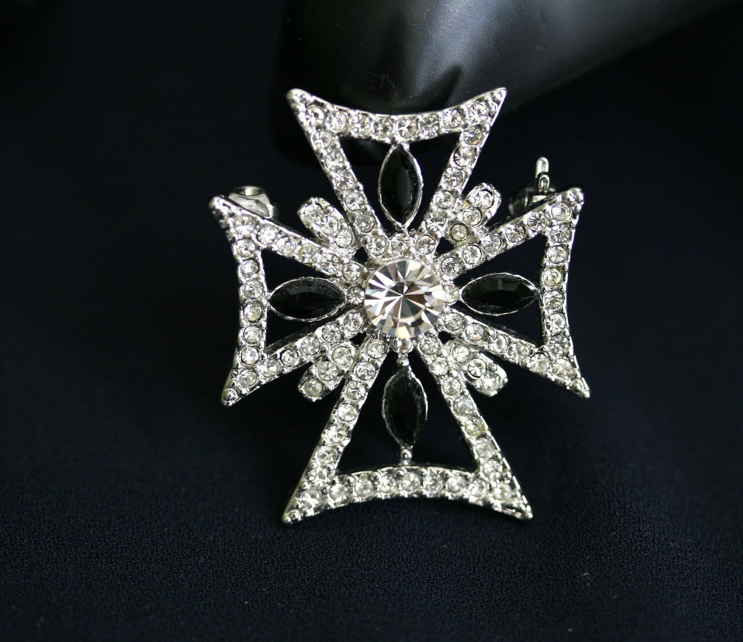 Vintage MALTESE CROSS Brooch Pin Silver plated With Black and Clear Crystal