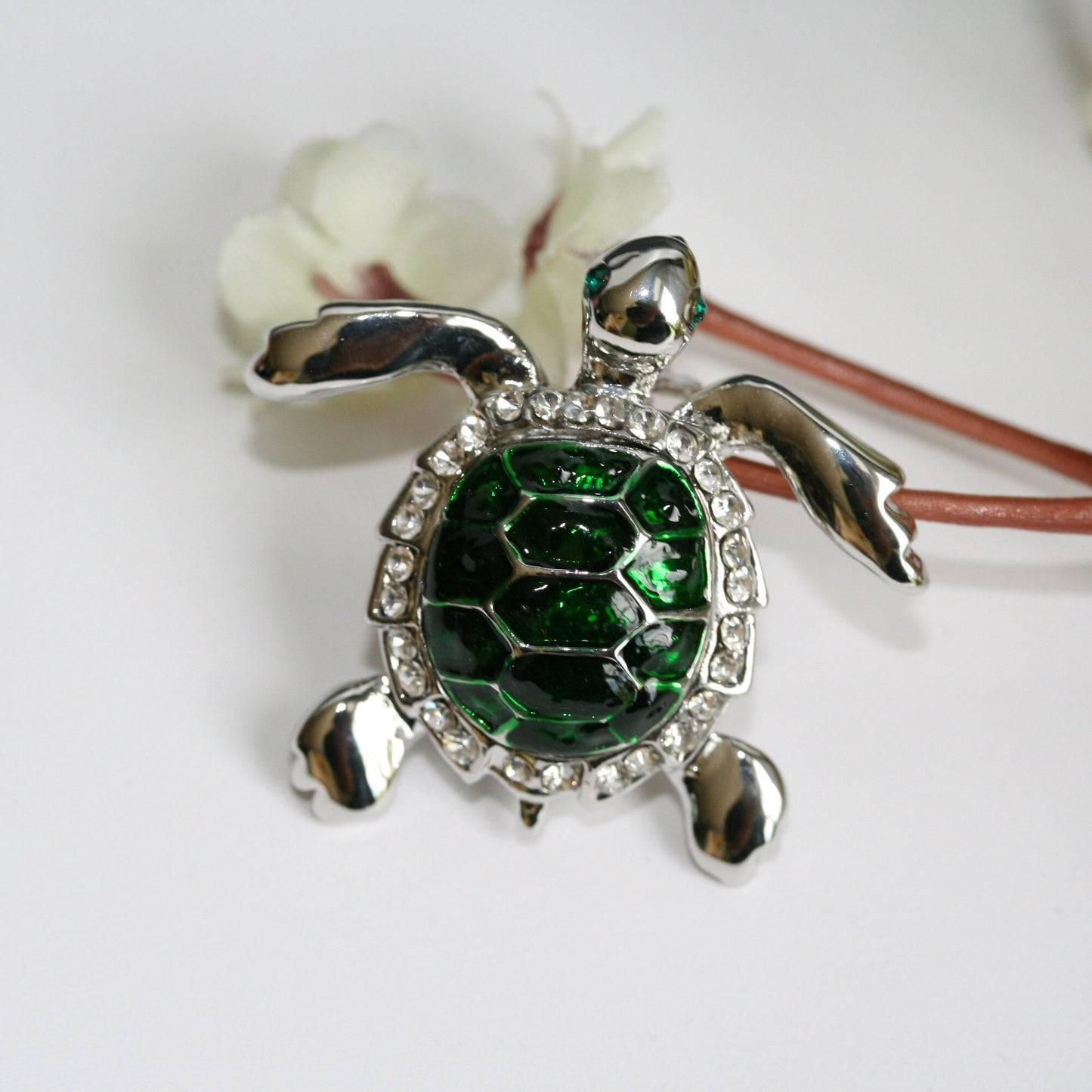 Turtle Pin Brooch, Dark Green Enamel Color Turtle Pin, Rhinestone Elegant Tortoise