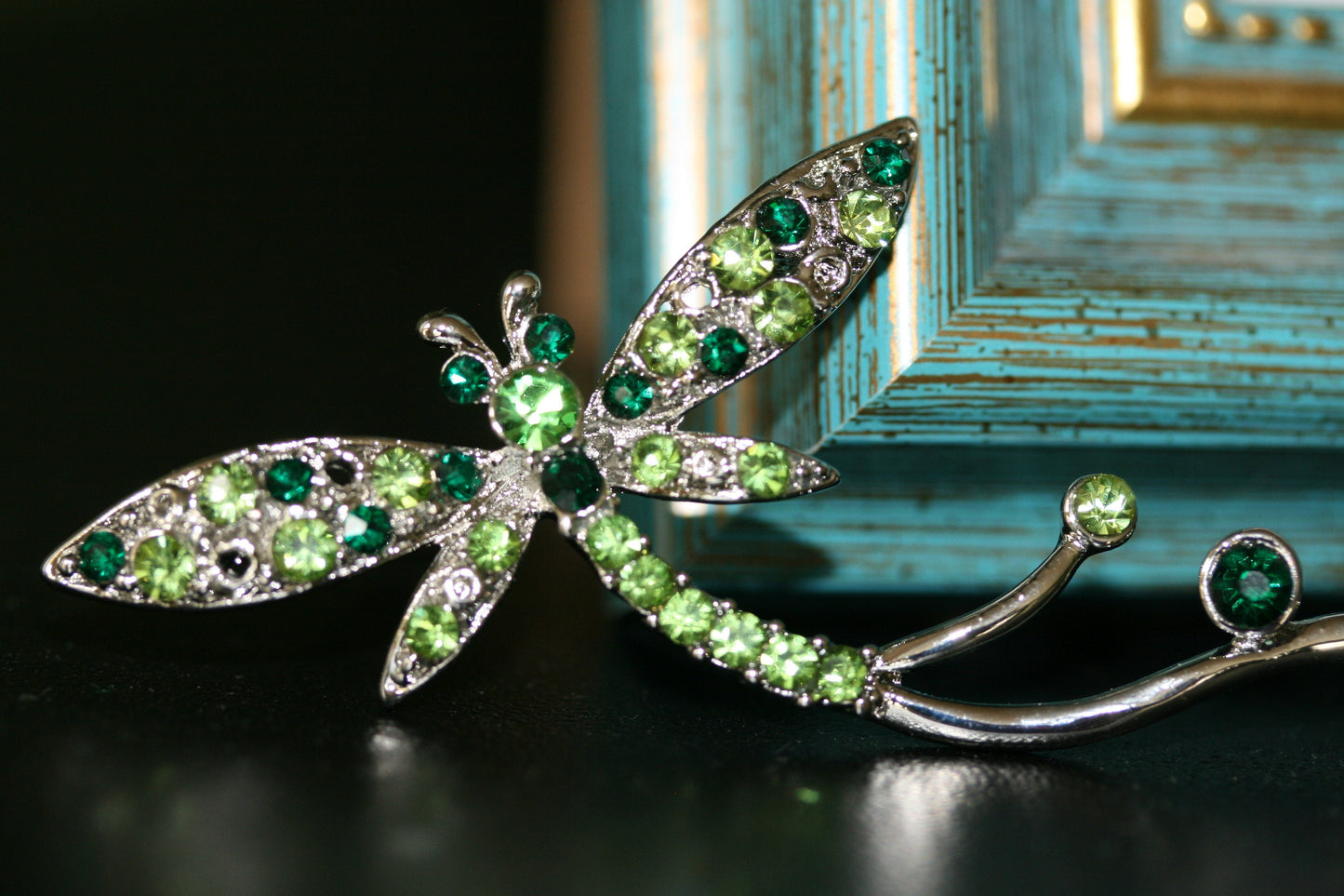 Classic Grass Green Diamante Dragonfly Brooch Rhinestone Dragonfly Pin