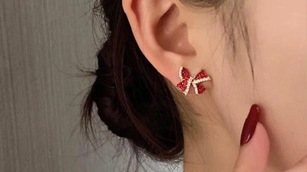Crystal Bow Shape Stud Earrings for Women Bow Christmas Stud Earrings