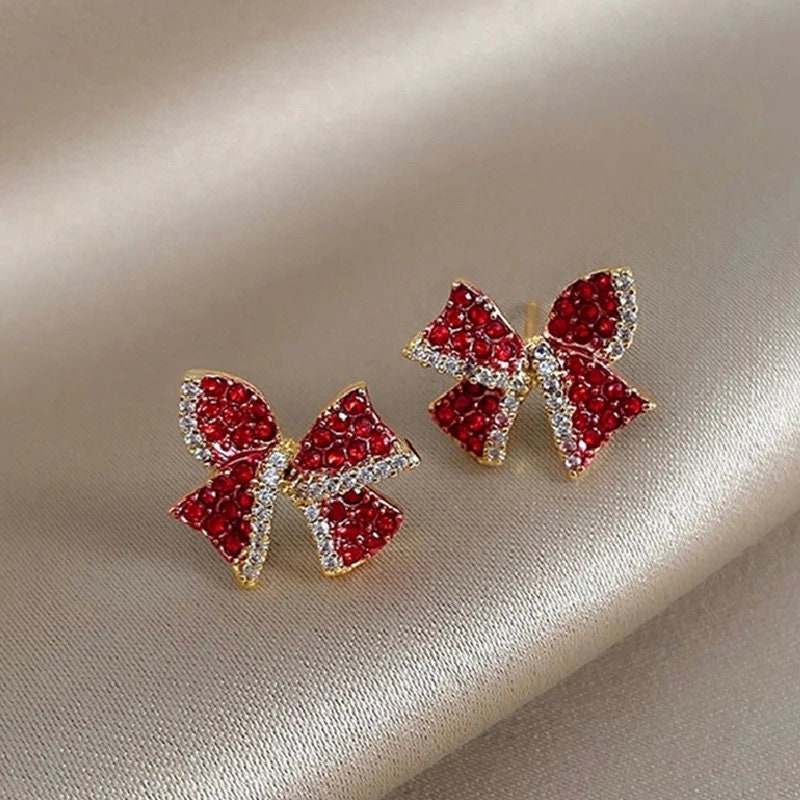Crystal Bow Shape Stud Earrings for Women Bow Christmas Stud Earrings
