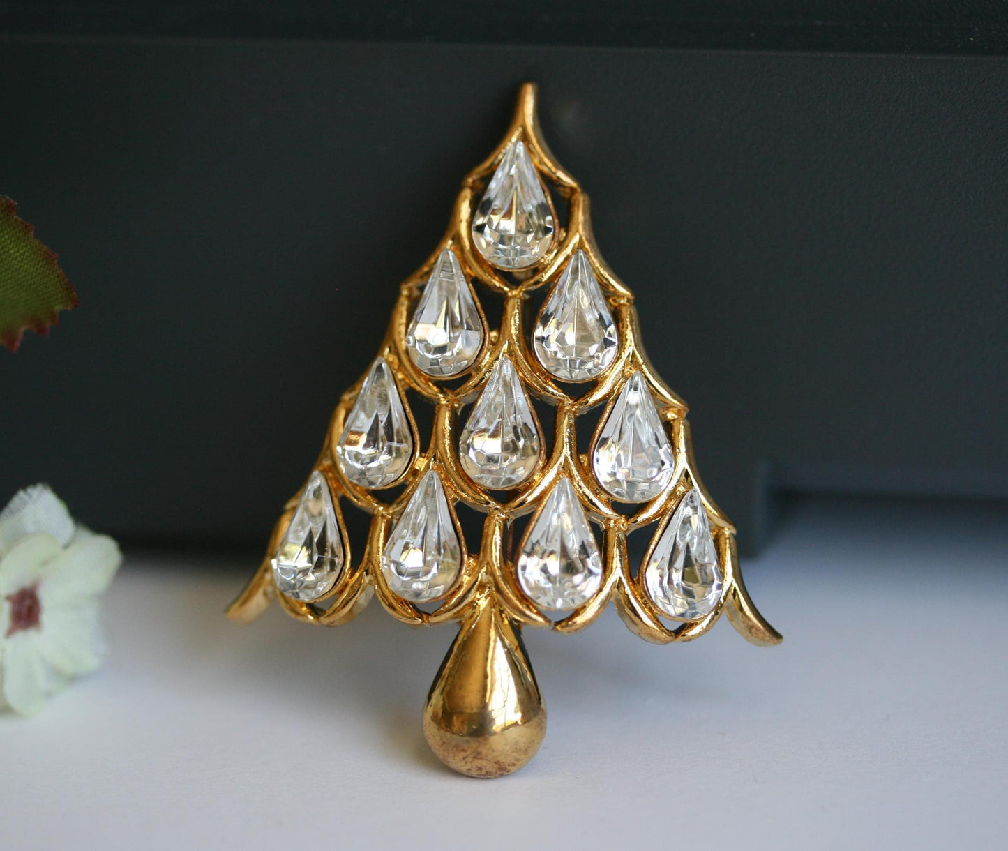 Napier Teardrop Shape Clear Rhinestone Shiny Gold Plated Christmas Tree Brooch Christmas Tree Pin